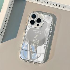 TEMU PC 하드 쉘로 제작된 A Leaf Mist 영어 거울 폰 케이스, 메이크업 미러 포함, 1.5mm 두 겹 에어백으로 낙하 방지, 카메라 렌즈를 위한 정밀 구멍 보호, 편안한 독립 전기도금 버튼, 아이폰 17/17 프로/에어/17 프로 맥스/16 프로 맥스/15 플러스/14/13/12/11/16E에 적합, 휴대폰 커버, 폰 케이스
