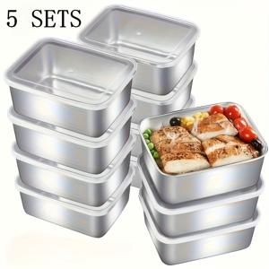 TEMU 스테인리스 스틸 식품 보관 용기 세트 5/10/12pcs, 투명 뚜껑 포함, 주방 도구 세트, 도시락 용기, 식사 준비 및 야외 피크닉에 적합, 다양한 식품 냉장고 보관, 필수 식품 용품, 식품 보관 용기, 포장 박스