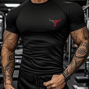 TEMU Bull Head 디자인의 스트레치 핏 짐 티셔츠: 뛰어난 통기성과 흡습성을 갖춘 소재로 제작 - 움직임에 적응하며 러닝, 하이킹, 스포츠 및 야외 피트니스 장비에 이상적입니다. 남성용 운동 티셔츠, 바디빌딩 탑