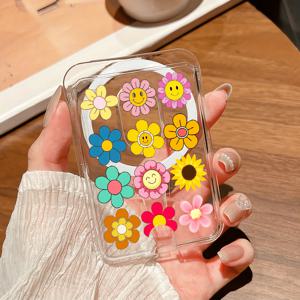 TEMU 투명 휴대용 N52 강력 자석 폰 카드 홀더, 아이폰 16/15/14/13 호환, 자석 기능, 다른 자석 케이스 호환, 1~4장 카드 수납, PC 소재, UV 프린트, 컬러풀 플로럴 스마일 디자인, 데일리 커뮤트에 완벽, 남녀 공용|휴대폰거치대