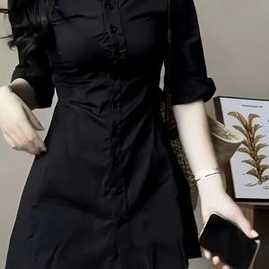 TEMU 솔리드 컬러 셔츠 원피스, 핏 좋은 허리와 단일 버튼 라인이 특징이며, 데이트 및 오피스룩에 완벽합니다.|여름블라우스