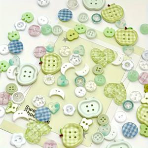 TEMU 20개 세트 신선한 그린 시리즈 랜덤 컬러 패턴 연한 파랑, 민트 체크 핑크 화이트 체크무늬 멀티 컬러 DIY 공예 단추 - 달, 사과/나비*하트 꽃 스크랩북 의류 장식 에스테틱 액세서리