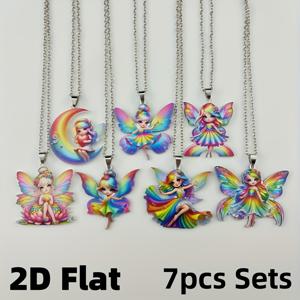 TEMU 2D 플랫 7피스 스타일리시하고 귀여운 컬러풀 요정 공주 펜던트 목걸이 세트, 아크릴 매력 주얼리 - 아내, 딸, 손녀 또는 친구를 위한 완벽한 선물, 크리스마스 선물, 청소년용