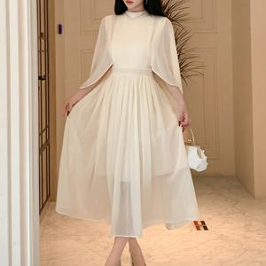 TEMU 케이프, 플레어 소매, 하이넥 라인 스타일의 긴 쉬폰 드레스|쉬폰원피스