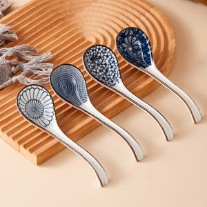 TEMU 4개 세트 일본 스타일 꽃무늬 블루 화이트 광택 도자기 라면 숟가락, 긴 손잡이 구멍 디자인으로 걸어두기 가능, 수프·죽·밥 등에 완벽한 서빙용
