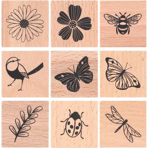 TEMU 9개 빈티지 목재 고무 스탬프 세트, DIY 예술 및 공예용, 나비, 새, 무당벌레, 잠자리, 벌, 꽃, 식물 자연 스탬프, 저널링 및 스크랩북용 고무 잉크 스탬프 키트, 공예 스탬프 | 빈티지 스타일 스탬프 | 목재 스탬프, 공예용 스탬프