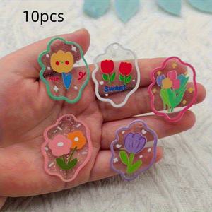 TEMU 2D 플랫, 10개입 2D 아크릴 꽃 펜던트 세트 - 귀여운 튤립 & 데이지 디자인과 달콤한 텍스트, 귀걸이, 목걸이, 부츠, 시계 및 공예 액세서리용 파스텔 컬러, 내구성 있는 매력, 2D 플랫