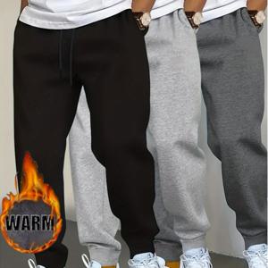 TEMU 3pcs 남성용 플로킹 내부 보온 겨울 바지 - 헤비듀티 추위 방지 트라우저, 커프 발목 & 포켓, 세탁기 사용 가능, 스키, 스노보드 및 야외 활동용 레귤러 핏 (캐주얼 보온 세트)