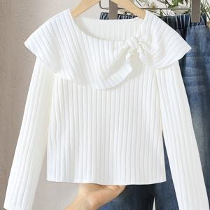 TEMU 2025년 신상 여름/가을 아동용 긴팔 흰색 티셔츠, 스타일리시하고 활용도 높은 여아용 니트 상의