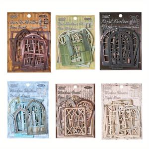 TEMU 60매 레트로 속이 빈 문과 창문 테마 스티커 천 패턴 종이 재질 클래식 창문 문 스티커 다이어리 앨범 스크랩북 장식 재료 스티커 얼룩 무늬 레트로 성 속이 빈 문과 창문 스티커 (팩당 10매)