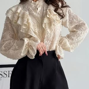 TEMU 여성용 우아한 빈티지 반투명 로열 셔츠 | 긴소매 버튼업 스탠드 칼라, 단색 디테일