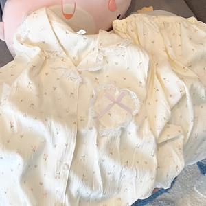 TEMU 재고 있음 고품질 여성 파자마 세트, 일본식 플로럴 프린트 봄/가을 신상 얇은 가디건과 귀여운 리본 & 레이스 트림 스위트 홈웨어 롱슬리브 & 바지 투피스