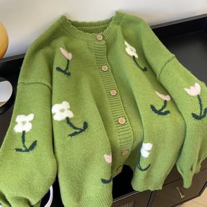 TEMU 2025 가을 겨울 신상 패션 루즈핏 나무 귀걸이 웨이브넥 스타일리시 그린 플로럴 스웨터 코트 가디건 여성용|블라우스|가디건|옷