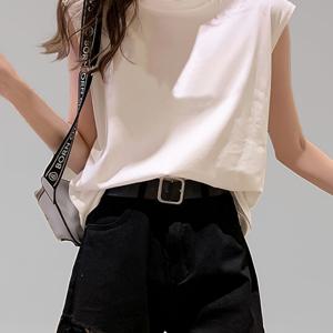 TEMU 2025 신상 화이트 여성용 루즈핏 라운드넥 민소매 티셔츠, 캐주얼 홈웨어 탑 - 아우터웨어 및 수트 레이어링에 완벽한 심플한 패션 스타일, 봄 여름 필수 아이템