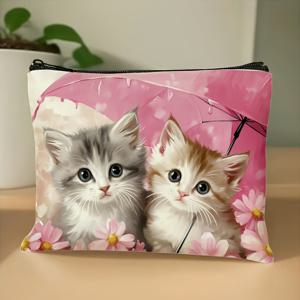 TEMU 귀여운 고양이와 우산 일러스트가 돋보이는 메이크업 파우치 및 가방 + 클러치 1개 포함, 데일리 터치업 및 쇼핑에 완벽, 고양이 애호가 및 귀여운 스타일 팬에게 필수템, 내구성이 뛰어난 원단으로 제작되어 뷰티 필수품을 보관할 수 있습니다.