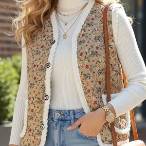 TEMU 여성을 위한 가을/겨울용 민소매 플로럴 조끼. 레드 플로럴 패턴에 화이트 트림 및 포켓이 특징입니다. 플러시 소재로 제작되어 편안하고 따뜻한 빈티지 스타일을 제공하며, 캐주얼한 출퇴근 및 일상생활에 적합합니다.|빈티지