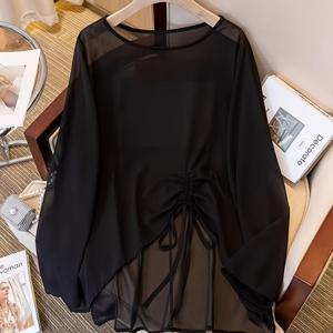 TEMU 플러스 사이즈 - 플러스 사이즈 - 여성용 신상 플러스 사이즈 긴팔 쉬폰 셔츠, 카미솔, 드레스 또는 비키니와 함께 입을 수 있는 독특하고 정교한 반투명 탑|쉬폰원피스|비치웨어