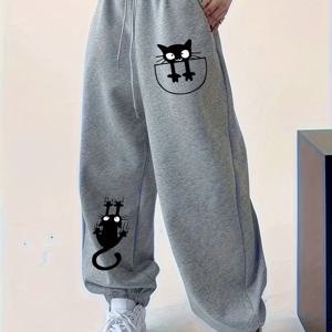TEMU 여성용 캐주얼 루즈핏 조거 팬츠, 귀여운 고양이 프린트 - 회색 끈 조절 스웨트팬츠, 탄력 있는 허리밴드, 가을/겨울에 편안함, 캐주얼 웨어 팬츠|재미있는 디자인|탄력 있는 허리밴드 팬츠, 여성용 조거 팬츠, 여성용 루즈 팬츠, 여성용 바지, 여성용 겨울 옷