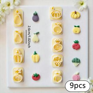 TEMU 9피스 과일 & 채소 모양 폴리머 클레이 커터, 미니 사이즈 엠보싱 도구, 귀걸이용 고정밀 도구, 가지, 호박, 배, 사과, 고추, 무, 토마토, 브로콜리, 복숭아 모양 포함, 초보자 & 주얼리 아티스트용, 폴리머 클레이 커터