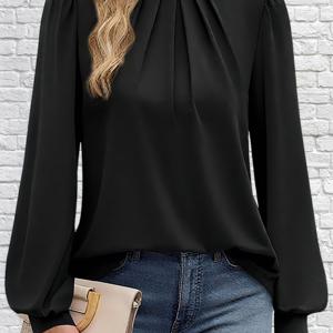 TEMU 여성용 긴소매 스탠드업 칼라 셔츠, 프론트 플리츠 셔츠, 캐주얼 가을 2025 패션 탑