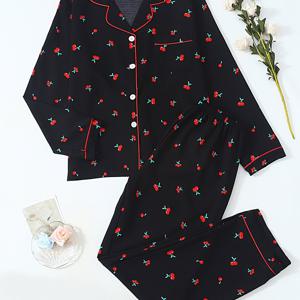 TEMU 청소년 파자마, 긴팔 상의 + 바지 투피스 세트, 봄/가을, 겨울용 블랙 체리 프린트, 청소년용