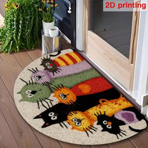 TEMU 2D 평면 반원형 유머러스 만화 고양이 매트 - 컬러풀, 미끄럼 방지, 실내/야외용 매트, 현관, 복도, 정원, 주방에 적합 - 먼지 트래퍼, 폴리에스터, 실내/야외용 매트 | 유머러스 고양이 디자인 | 내구성 있는 매트, 고양이 애호가를 위한 선물|실내화