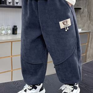 TEMU 남아 겨울 긴 바지, 가을/겨울용 코듀로이 스타일, 따뜻하고 패셔너블한 플리스 안감 트라우저, 만화 디자인, 야외 활동용, 두꺼운|냉장고바지