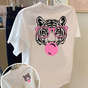 TEMU 앞뒤 프린트 티셔츠, 멋진 호랑이 패션 안경 패턴 여성 크루넥 캐주얼 반팔 티, 편안한 핏 클래식 디자인 스타일리시 아이템 양면 그래픽 티|반팔티|반팔티셔츠|반팔셔츠