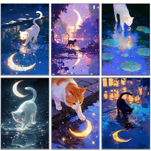 TEMU 6개 프레임리스 페인팅 키트, 달빛 고양이 물 위에, 장식용, 선물, 프레임리스, 원형 모양, 아크릴 페인트, 캔버스 재질, 동물 테마, 공예 및 재봉용 6개 세트 포함, 제작, 페인팅 키트