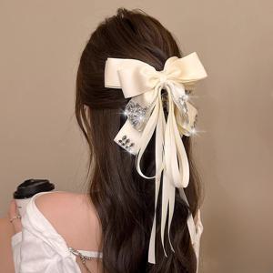 TEMU 1개 새로운 스타일 긴 리본 술 웨빙 활 아크릴 헤어 집게핀, 패셔너블하고 고급스러운 반짝이는 라인스톤 다중 레이어 리본 머리핀, 악어 클립, 데일리 및 연회용