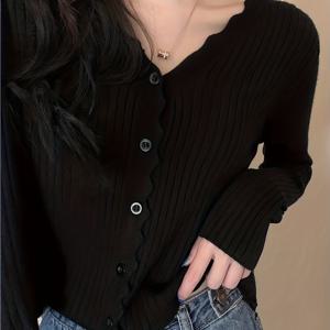 TEMU 2025 신상 가을/겨울 여성 스타일리시 롱 슬리브 가디건, 한국식 V넥 슬림핏 웨이브 밑단 숏 탑코트, 패션 여성 데이트 출근 데일리 멀티아웃어웨어, 한국에서 인기