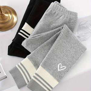 TEMU 여름/가을용 여아 레깅스 2벌 세트, 야외 활동에 적합, 회색 및 검정색의 따뜻한 테이퍼드형 바지로 어린 아이들을 위한 신상