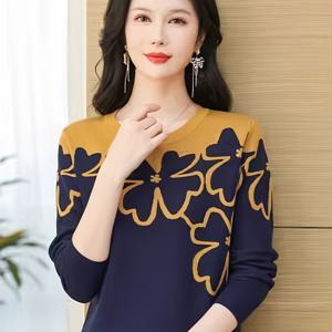 TEMU 여성용 스타일리시 라운드넥 컬러 블록 플로럴 스웨터, 신상 가을 겨울 루즈핏 숏 베이스 레이어 탑