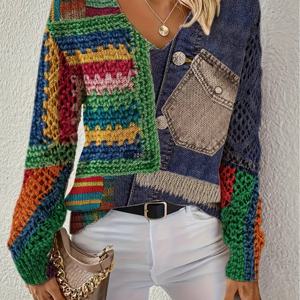 TEMU 새로운 스타일리시하고 다재다능한 V넥 긴팔 여성용 상의, 트렌디한 디지털 프린트가 특징이며 캐주얼 웨어에 완벽합니다. 가을/겨울용