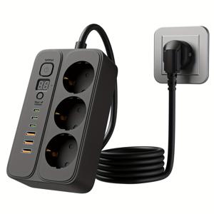 TEMU 1 X EU 타이머 멀티탭, 1.5m 연장선 포함, 프로그래밍 가능한 타이머 종료 기능 (1-24시간), 3개 AC 콘센트 & 3개 USB 포트 & 3개 Type-C 포트, 가정, 사무실, 여행, 컴퓨터, 데스크탑, 침실, 거실, 선물용|타이머