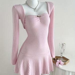 TEMU 여성용 가을/겨울 패션 세트 2개: 소프트 리브드 긴팔 탑과 플리츠 허리 드레스, 외출 및 파티용