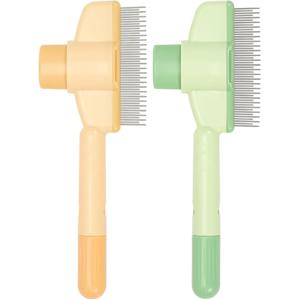 TEMU 2세트 스테인리스 스틸 자동 청소 펫 털 제거 빗 - 원클릭 해제 버튼, 다기능 고양이와 강아지 그루밍 도구, 톱니 모양 설계와 부드러운 엉킴 제거 벼룩 빗, 민감한 피부에 적합, 내구성과 위생적인 디자인, 연한 베이지, 노란색, 이지그립 핸들,녹 방지 소재,전문 그루머