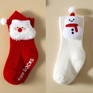 TEMU 크리스마스 아동용 양말 두 켤레, 봄가을 베이비 미드컬프 양말, 여아용 미끄럼방지 바닥 양말