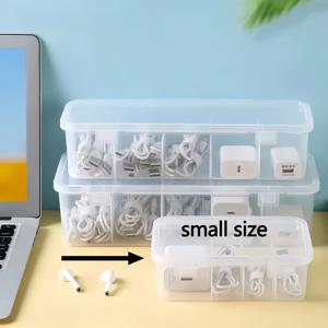 TEMU 대용량 4단 플라스틱 보관함 뚜껑 포함 - 헤비듀티 케이블 & 책상 정리함, 공간 절약형 선반 바구니, 홈 오피스용, 내구성 있는 플라스틱 칸막이로 케이블, 충전기, 어댑터, 스틱, 메모리 카드 정리 가능 - 호환 가능