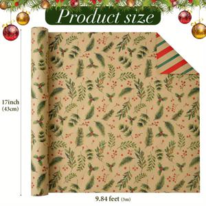 TEMU 양면 크라프트 포장지 1롤 | 녹색 나뭇잎 & 빨간색 초록색 딸기 장식 패턴이 있는 갈색 배경 - 크리스마스 파티, 장식, 선물 포장, 수제 선물, 분위기 연출에 적합