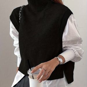 TEMU 여성용 신상 가을/겨울 스타일리시 단색 다용도 하이넥 풀오버 조끼, 불규칙한 밑단 탑