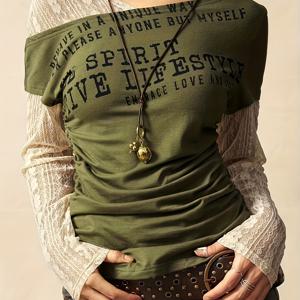 TEMU 여성용 우아한 레이스 & 대칭 칼라 블라우스 - 레터 프린트 롱슬리브 셔츠, 가을/겨울용, 세탁기 사용 가능한 편안한 캐주얼 & 드레시 아우터웨어|블라우스