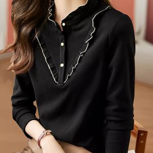 TEMU 여름/가을 여성용 프렌치 엘레강스 상의, 러플 칼라, 데일리 출퇴근 및 캐주얼 웨어에 스타일리시