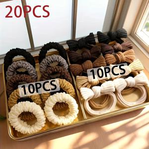 TEMU 겨울용 헤어 타이 20개 세트 - 여성용 부드러운 탄성 헤어밴드, 리본 장식, 웜 브라운/베이지/커피 컬러, 가을 겨울 헤어 액세서리, 일상 사용 및 크리스마스/설날 선물