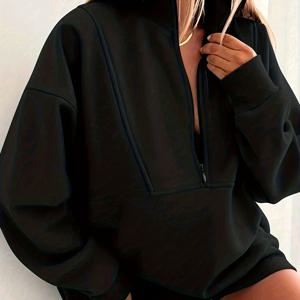 TEMU 여성 솔리드 컬러 가을/겨울용 두꺼운 플리스 캐주얼 스포츠 지퍼업 후드티, 높은 칼라, 접이식 칼라, 따뜻함을 위한 조절 가능한 목, 긴 소매