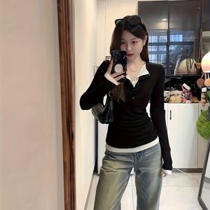 TEMU 미국 스타일 섹시 하프 오픈 칼라 페이크 2피스 긴팔 티셔츠 여성용 가을 2025 신상 허리 슬림 탑|티셔츠|여성블라우스