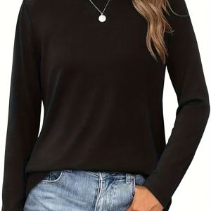 TEMU 플러스 사이즈, 플러스 사이즈 우아한 라운드넥 긴팔 티셔츠 - 플러스 사이즈 친화적인 캐주얼 블라우스, 단색 봄/가을 상의, 세탁기 사용 가능한 편안한 캐주얼 의상 & 특별한 날을 위한 셔츠 (미디엄 스트레치 원단)