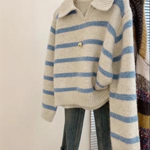 TEMU 빈티지 라펠 칼라 소프트 스웨터 | 우아한 여성 가을/겨울 캐주얼 나이 감추는 대학 스타일 패셔너블 출퇴근 상의