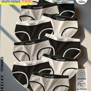 TEMU 여아용 레터 디자인 속옷 12매 세트 - 편안하고 신축성 있는 캐주얼 브리프, 블랙, 화이트, 그레이 혼합 색상으로 십대에게 적합