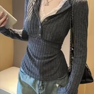 TEMU 2025년 신상 레이스 페이크 더블 레이어 스웨터 | 가을/겨울, 슬림핏, 긴소매, 레이스 디테일의 다용도 출퇴근 상의